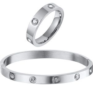 18K Gold Plated Stainless Steel Bracelet 10 Cubic Zirconia Bangle with Ring Free